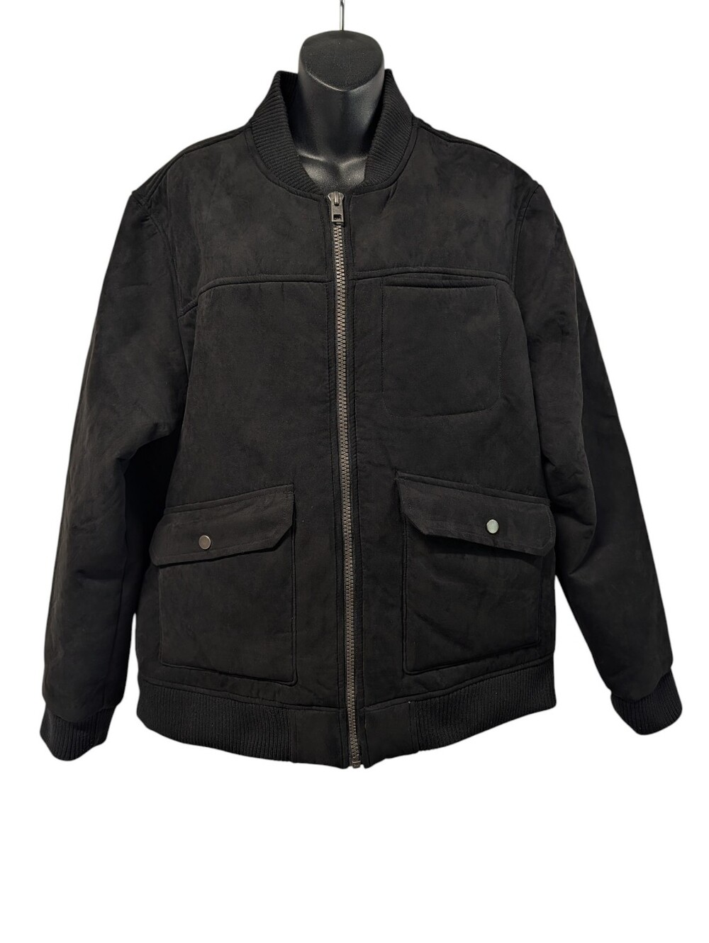 George Men's Black Faux Suede Bomber Jacket Sherpa Lined Full Zip Size Large L
